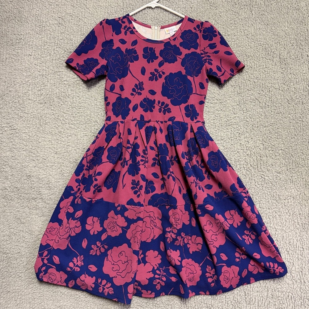 LuLaRoe Small S Pink Blue Floral Short Sleeve A-Line Fit & Flare Dress Pockets